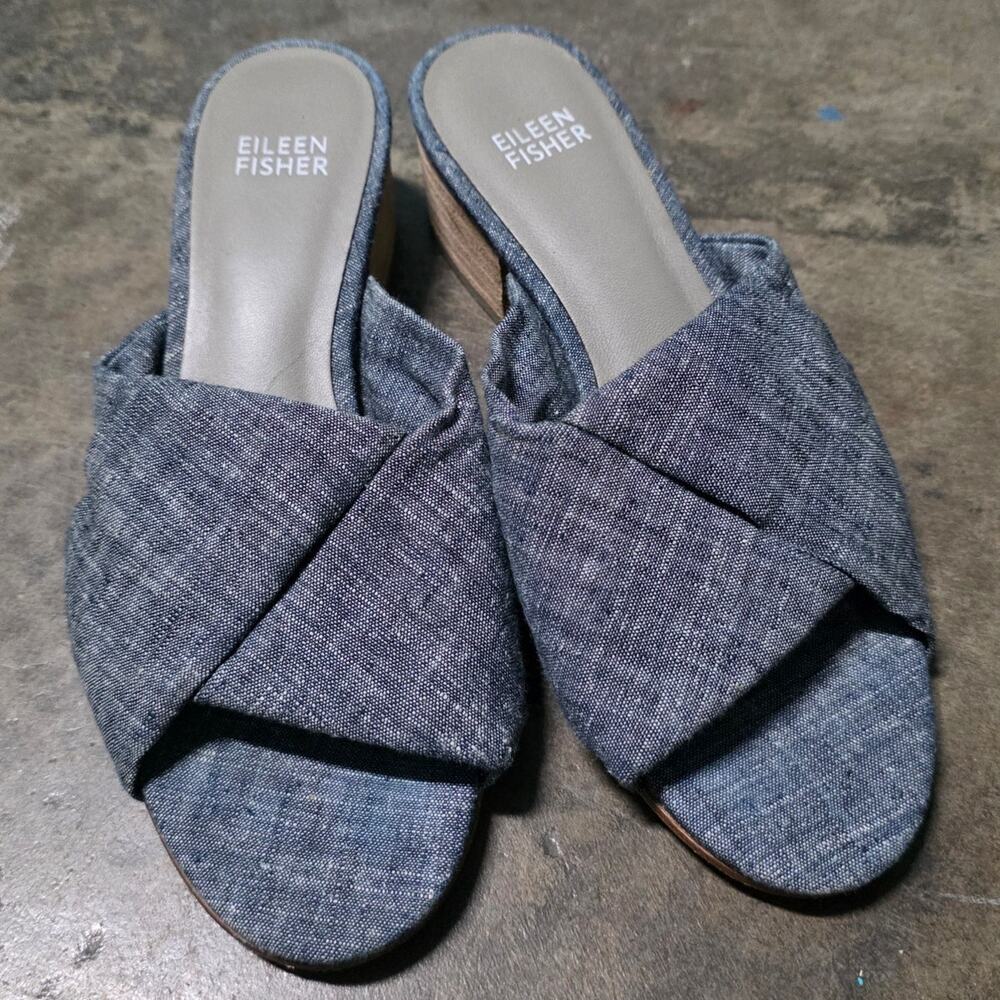 Eileen Fisher Ruche US 6.5 Chambray block heel sandals denim open leather sole